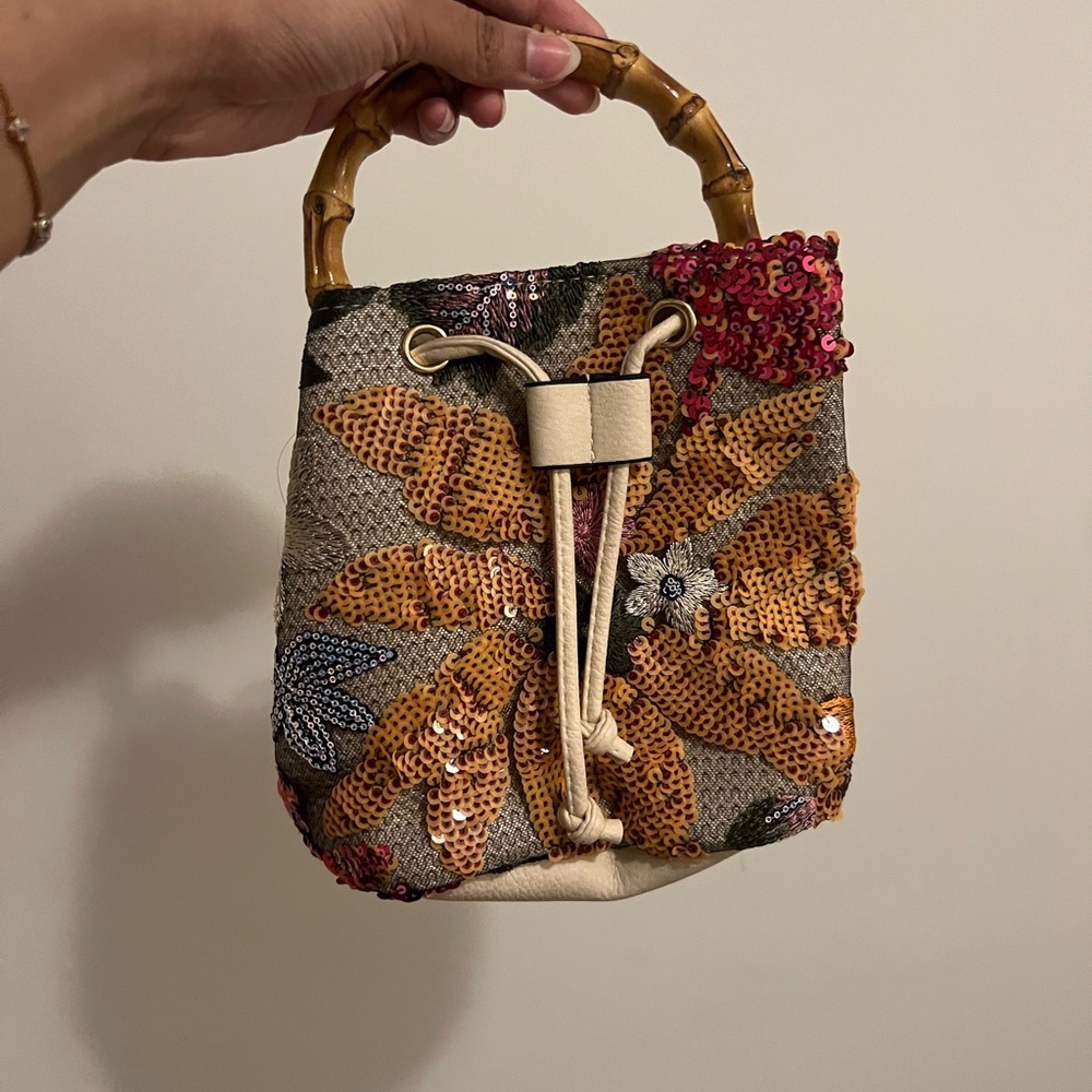 Floral Embellished Bucket Bag with Bamboo Handle